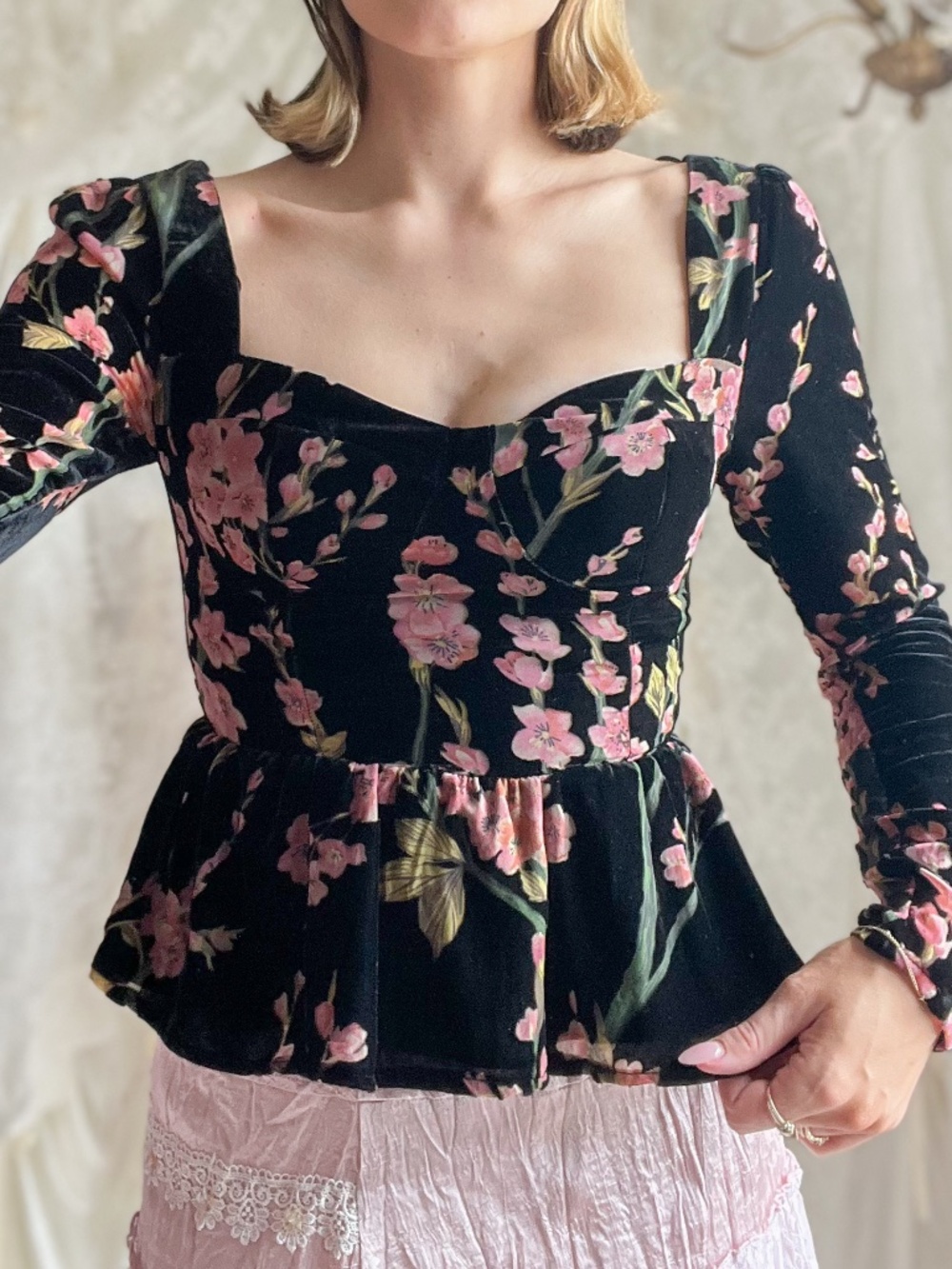 Black Floral Velvet Corset Peplum Top